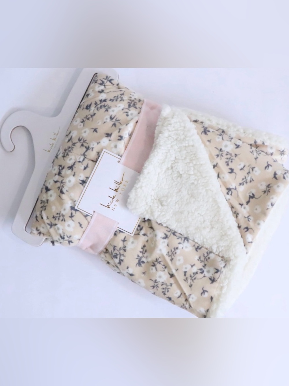 Nicole Miller Cream Floral Sherpa Throw with Pink Trim